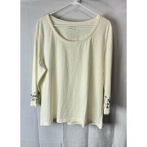 Coldwater Creek Womens 2X Longsleeve Cream Sequin 100 % Cotton Top